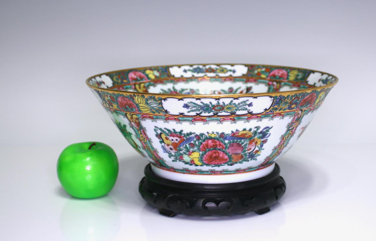 Large Rose Canton Chinese Porcelain Bowl on Rosewood Stand, Mid 20th. Century