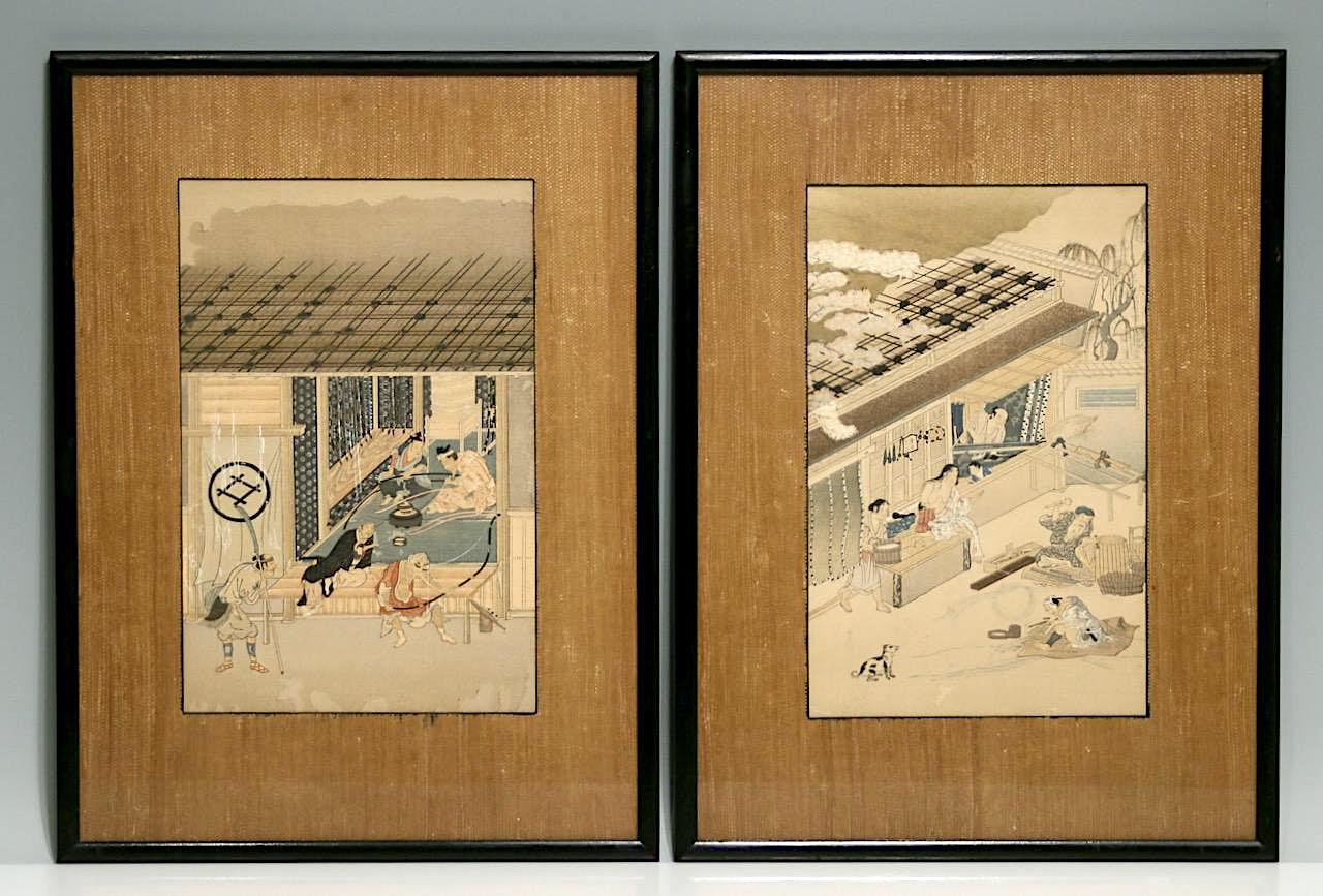 "The Mat Maker" & "The Bow Maker" Antique Japanese Prints After Mitsuoki Tosa -  a Pair