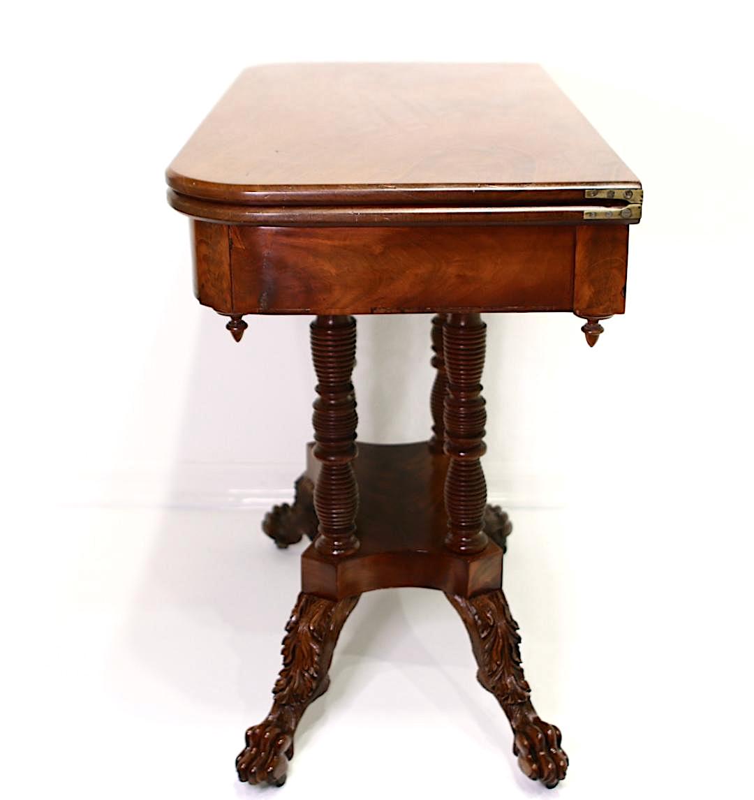 American Empire Figured Mahogany Antique Games or Console Table With Hairy Paw Feet, C 1825