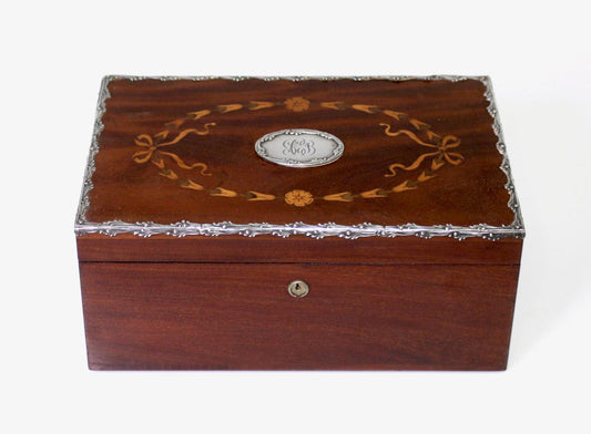 Turn of the Century Antique English Mahogany Document Box With Sterling Silver Mountings & Satinwood Inlay