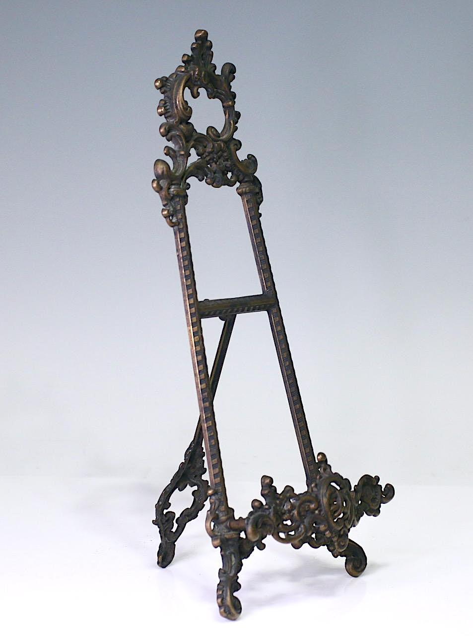 Large Antique Cast Bronze Rococo Revival Portrait Easel with Flowers and Scrolls