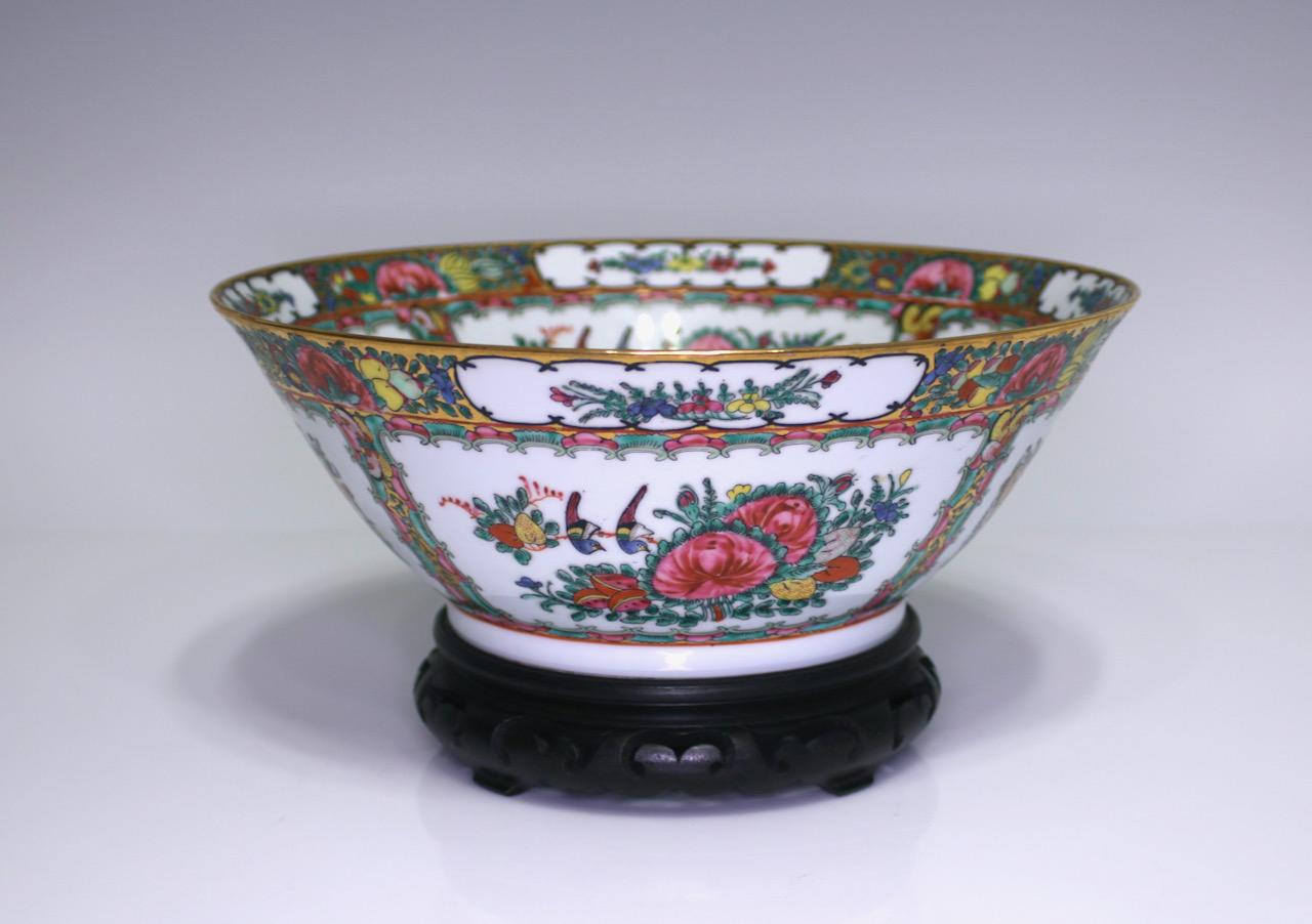 Large Rose Canton Chinese Porcelain Bowl on Rosewood Stand, Mid 20th. Century