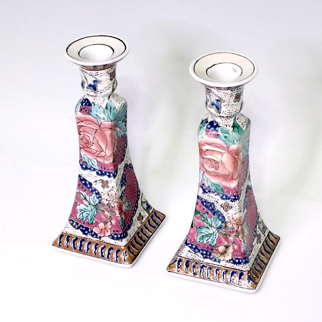 Vintage Chinese Porcelain Famille Rose Floral Candlesticks, Hong Kong, A Pair