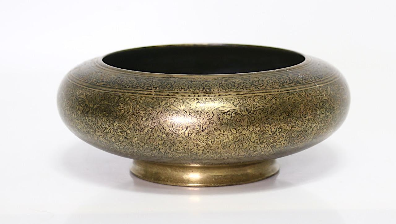 Antique Asian Engraved/Etched Bronze Pedestal Round Bowl or Catchall with Persian Design