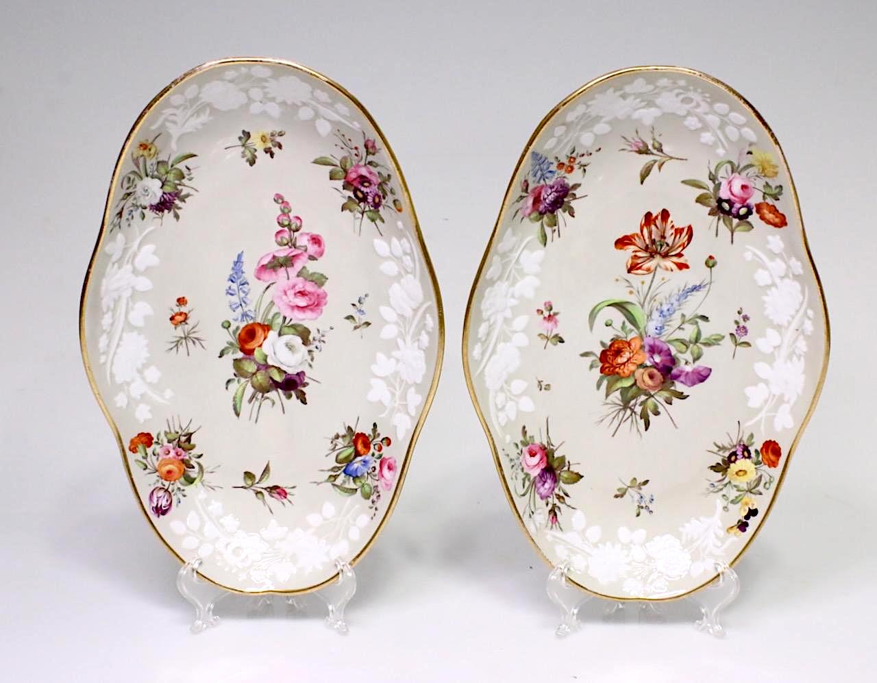 Antique Hand Painted Spode White Porcelain Platters with English Hand Painted Wild Flowers