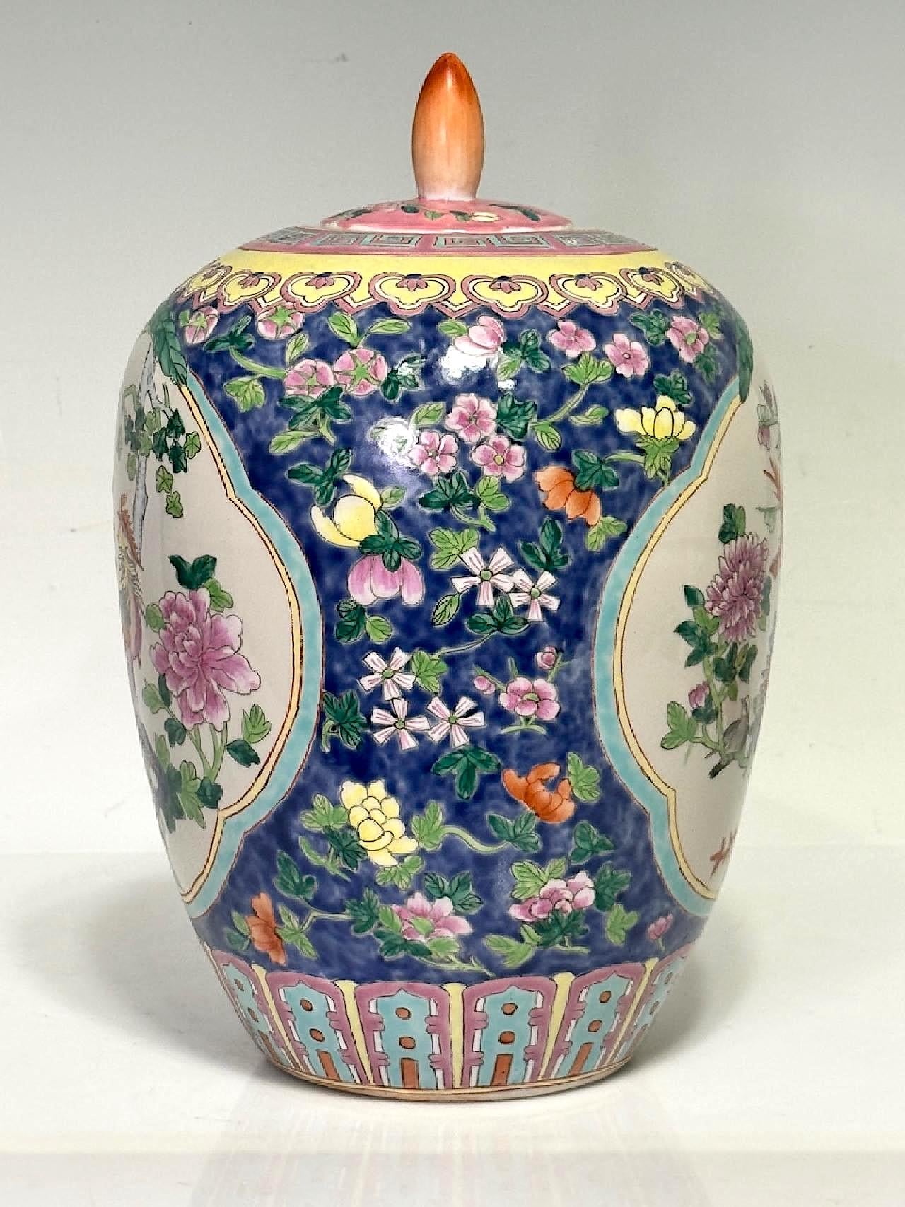 Vintage Chinese Peranakan Porcelain Ginger Jar with Exotic Birds and Colourful Flowers, Qianlong Dynasty Mark