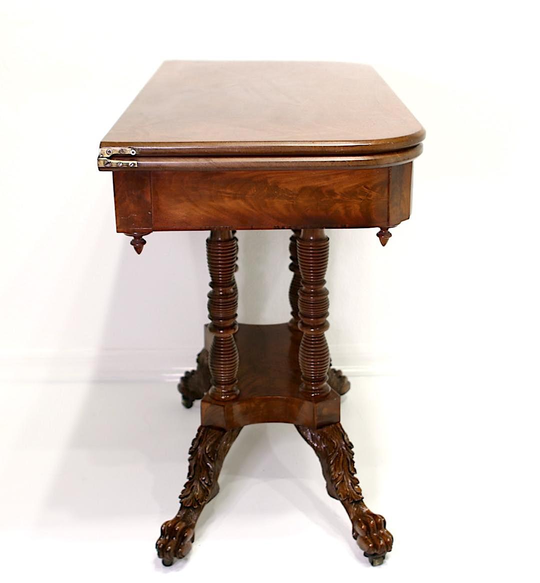 American Empire Figured Mahogany Antique Games or Console Table With Hairy Paw Feet, C 1825