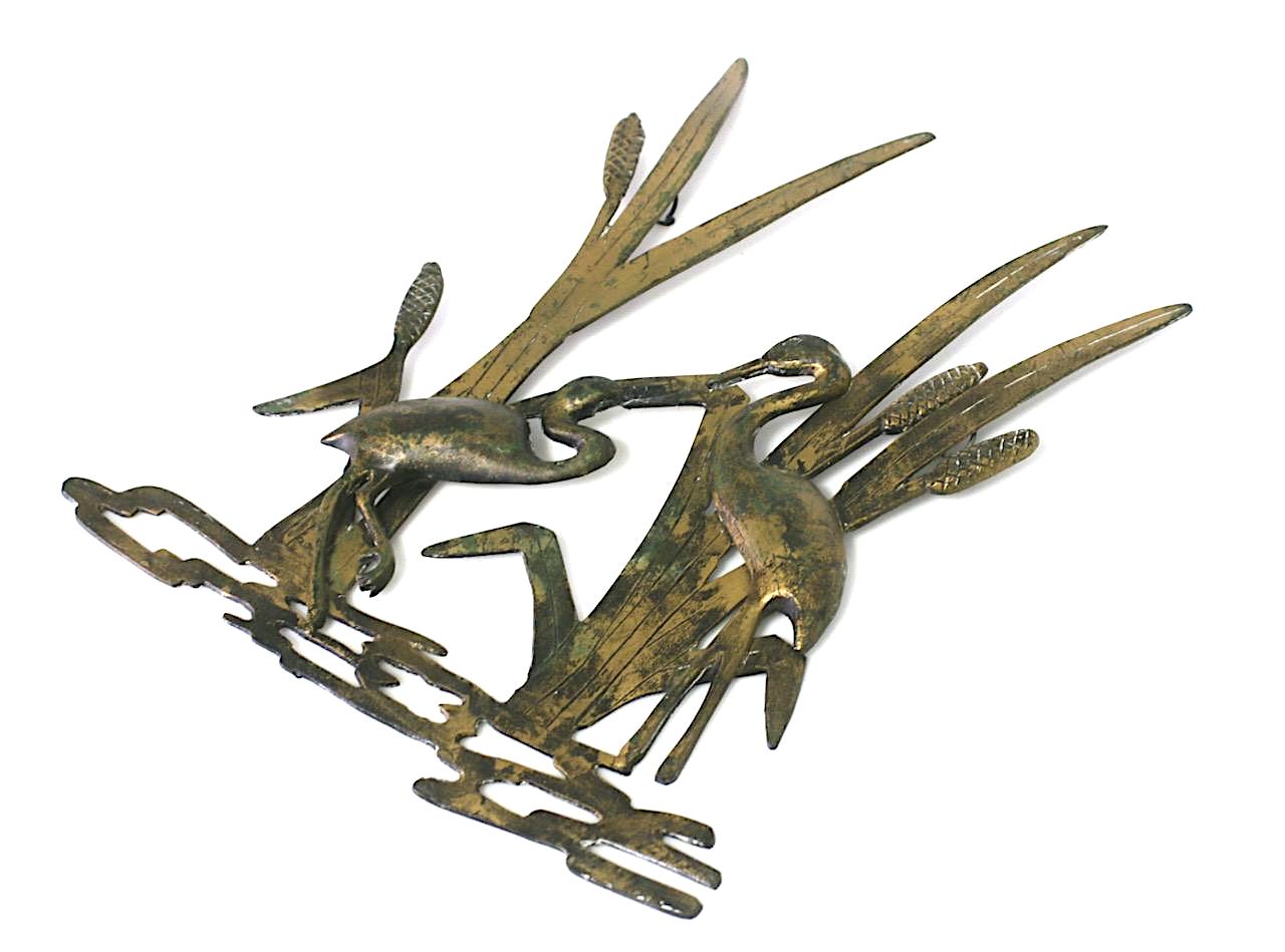 Antique Bronze Wall Sculpture in Prairie School Design - Pair of Cranes Amongst Cattails