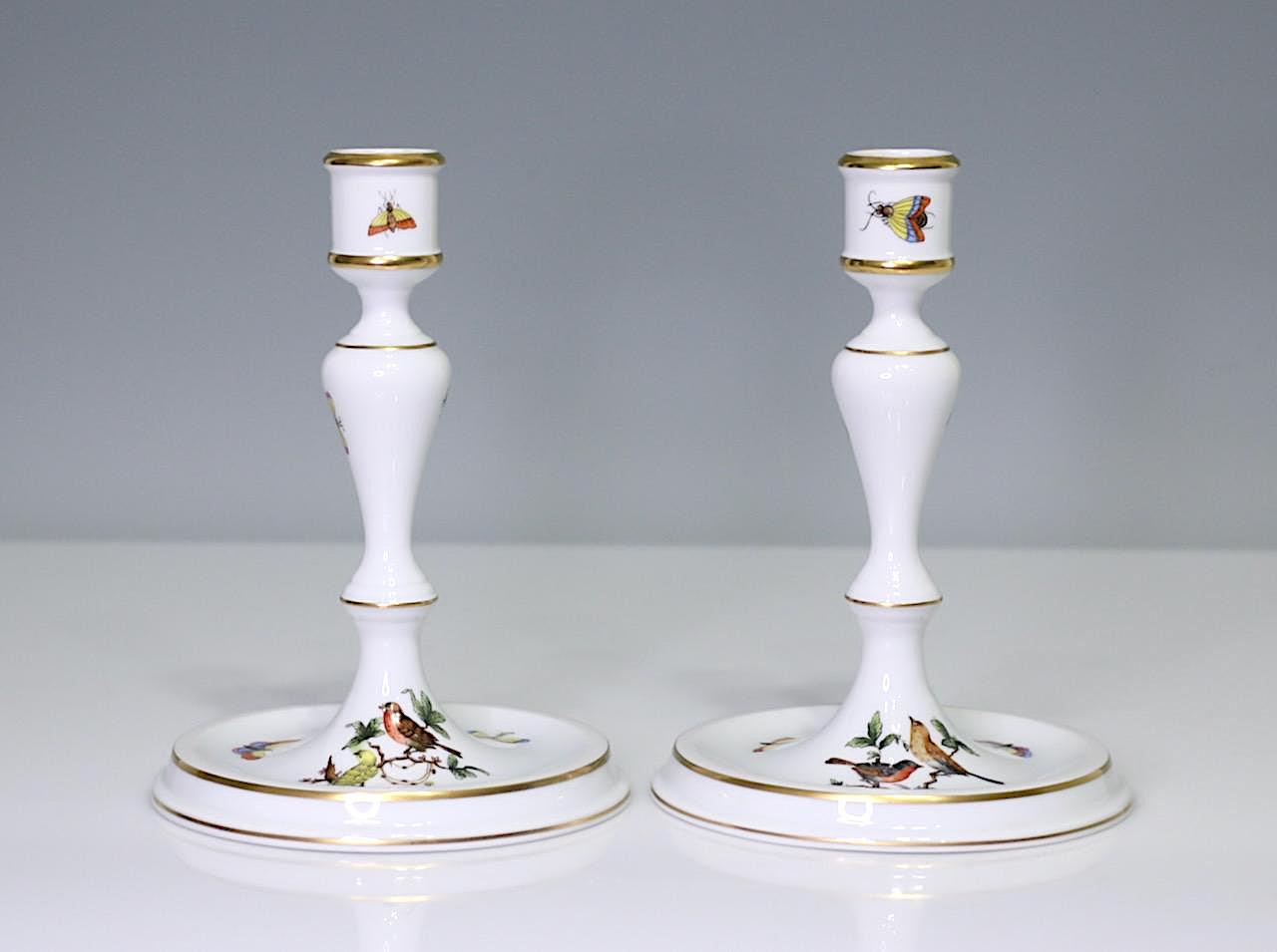 Herend Rothschild Hand Painted White Porcelain Candlesticks With Garden Birds and Butterflies, a Pair