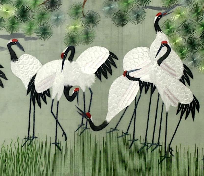 Red Crowned Cranes Under a Pine Trees, Rotating Chinese Republic Framed Silk Embroidery