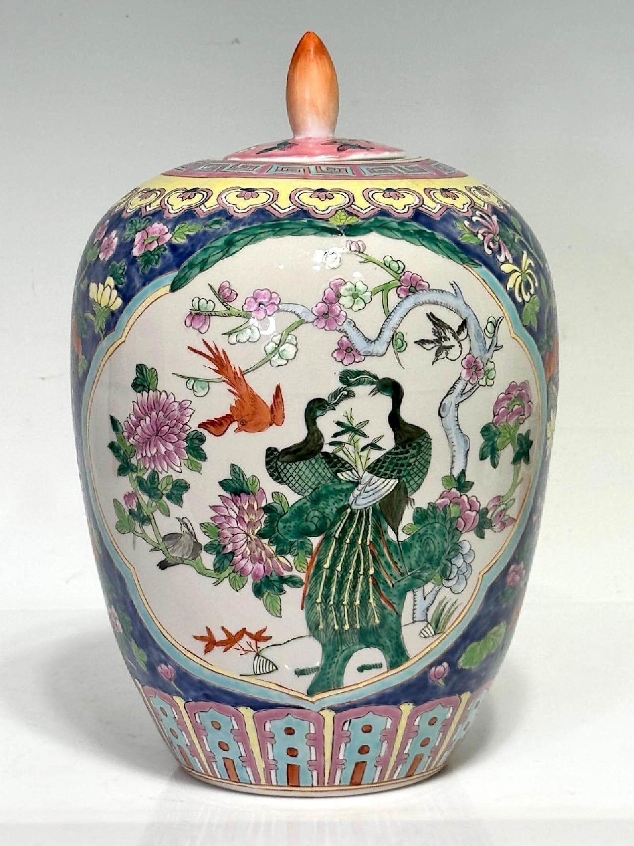 Vintage Chinese Peranakan Porcelain Ginger Jar with Exotic Birds and Colourful Flowers, Qianlong Dynasty Mark