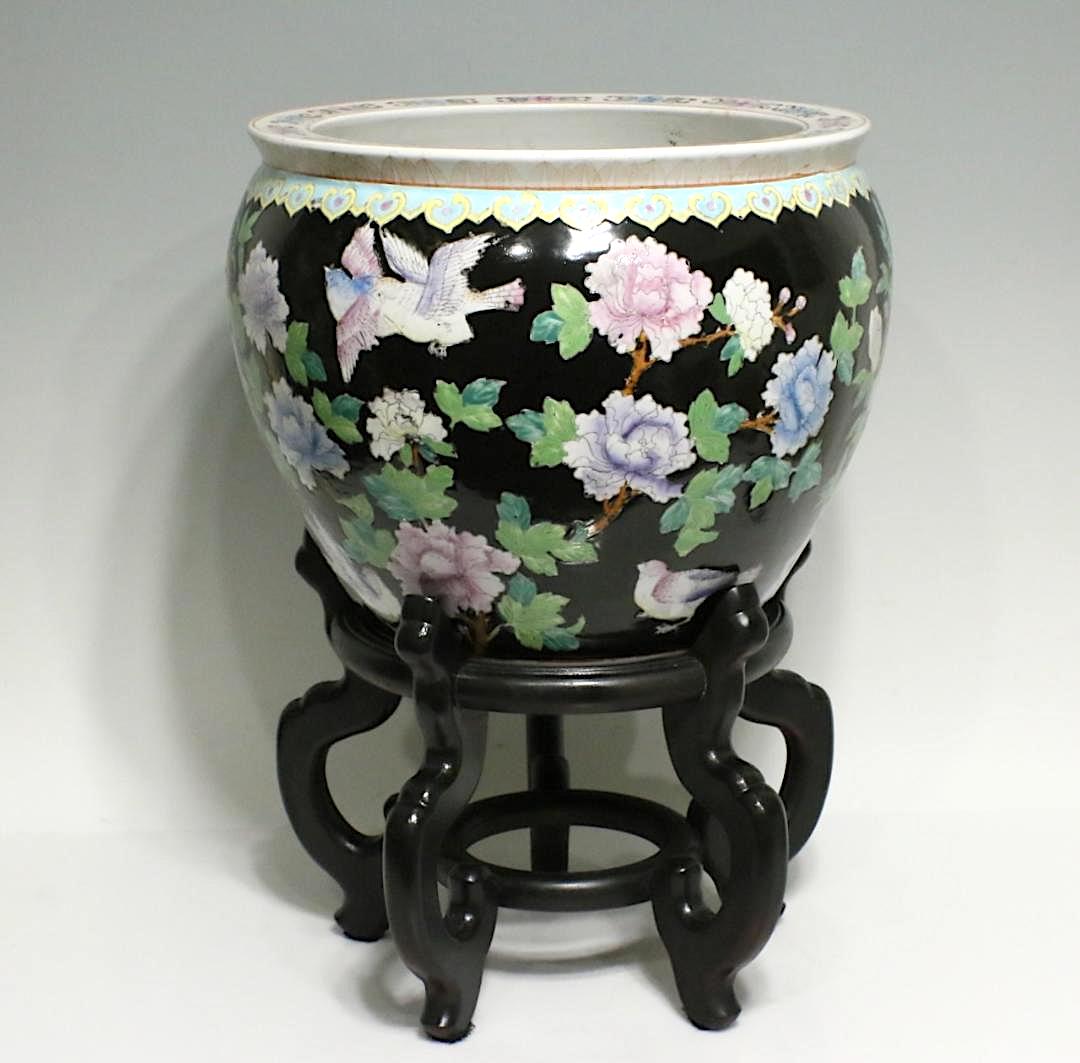 Large Vintage Chinese Famille Noire Black "Fish Bowl" Porcelain Planter with Wood Stand, Jingdezhen Hallmark