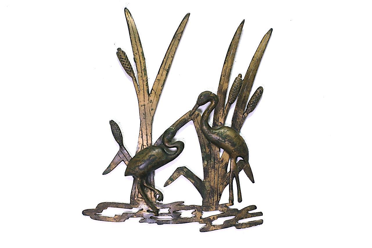 Antique Bronze Wall Sculpture in Prairie School Design - Pair of Cranes Amongst Cattails