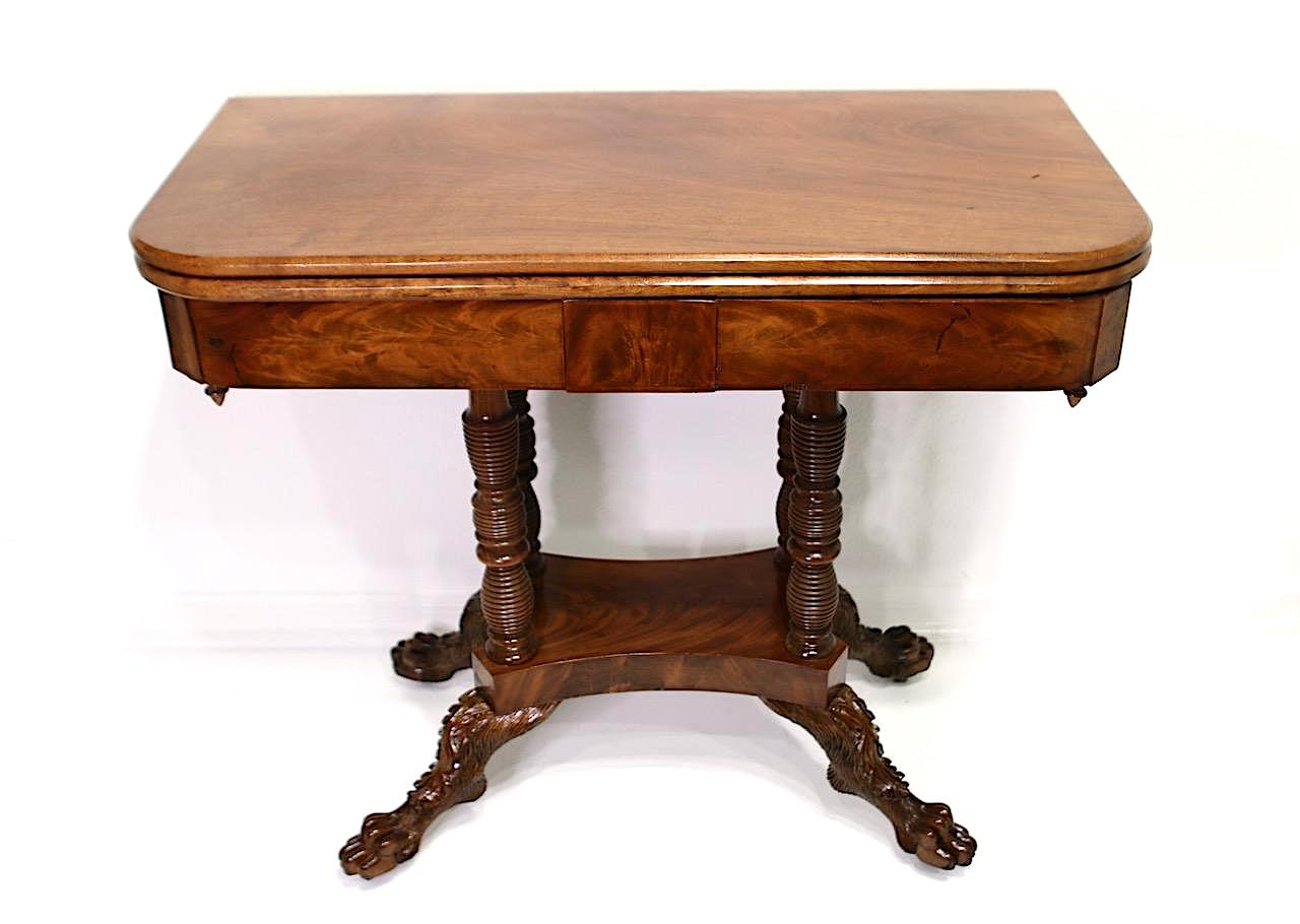 American Empire Figured Mahogany Antique Games or Console Table With Hairy Paw Feet, C 1825