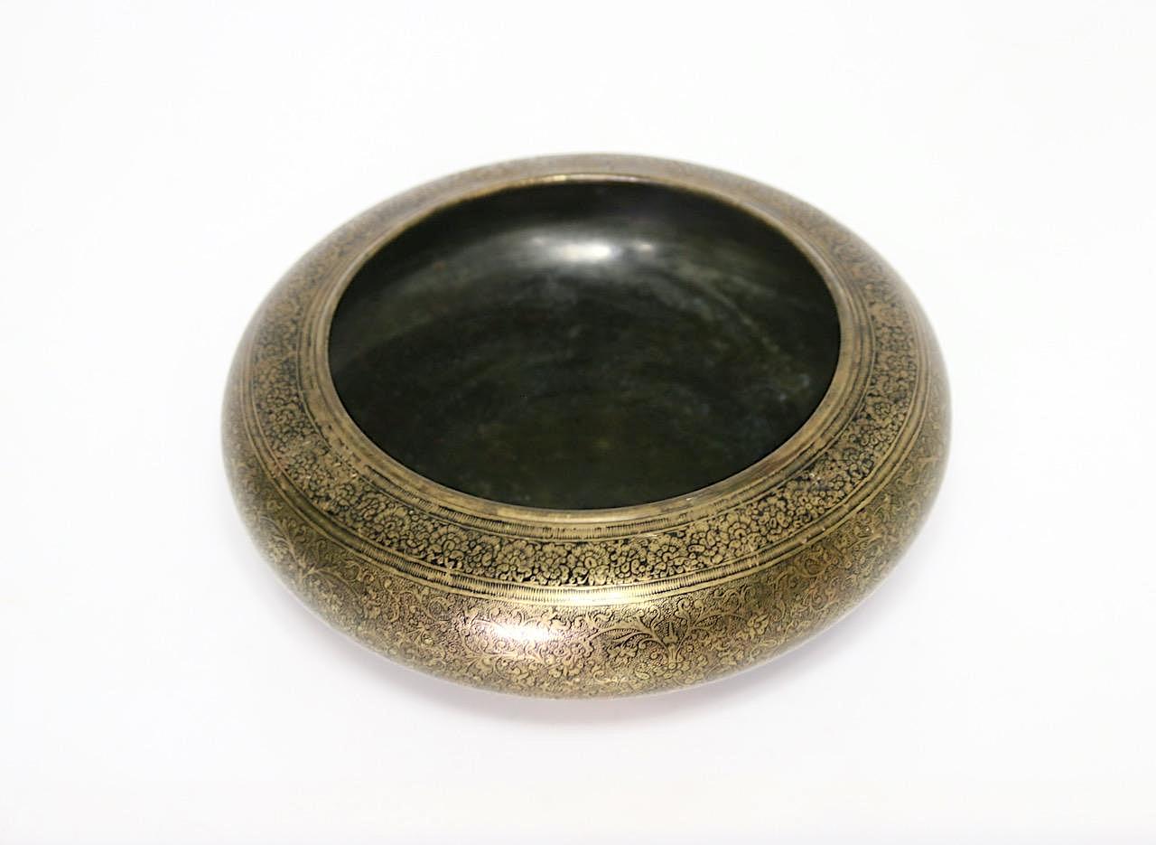 Antique Asian Engraved/Etched Bronze Pedestal Round Bowl or Catchall with Persian Design