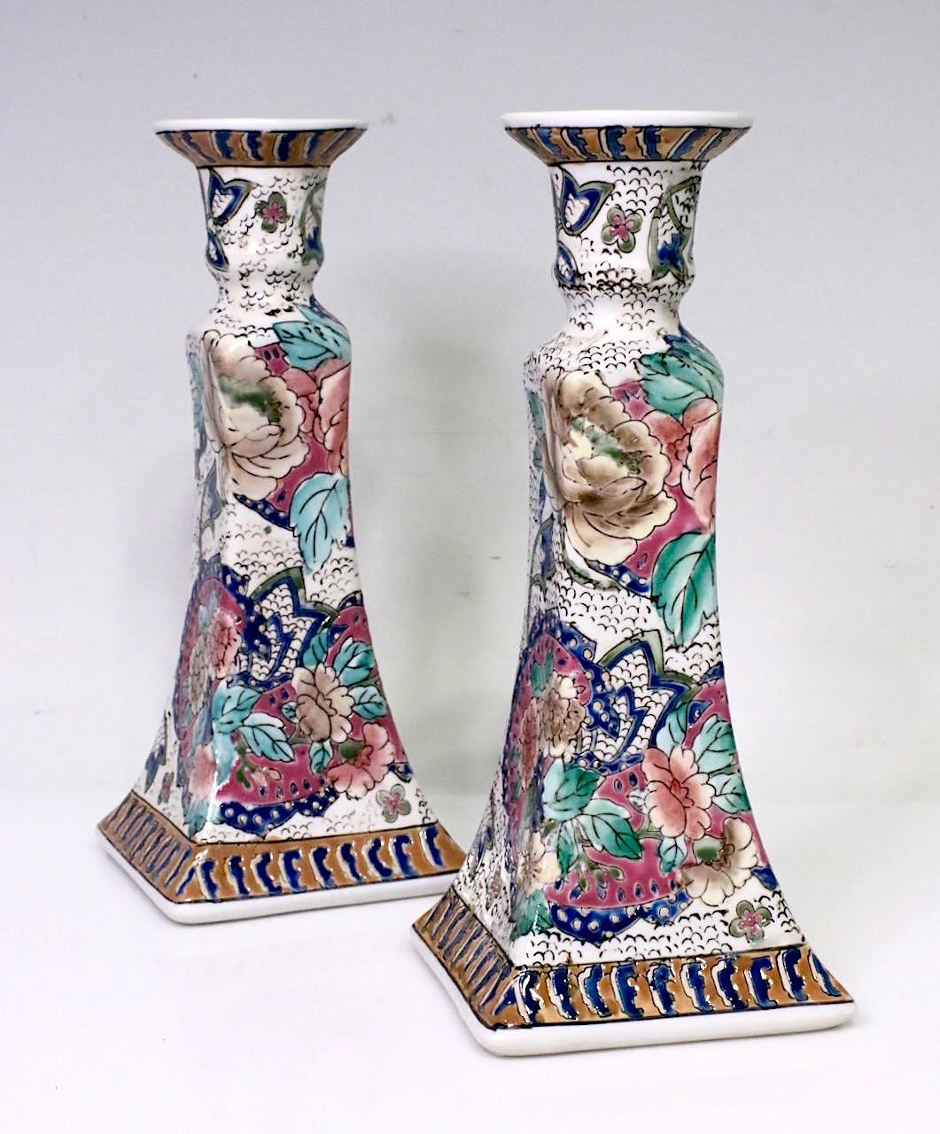 Vintage Chinese Porcelain Famille Rose Floral Candlesticks, Hong Kong, A Pair