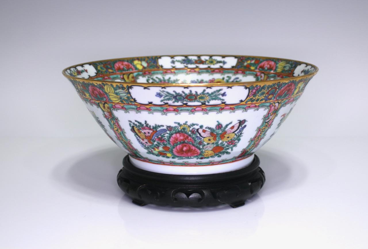 Large Rose Canton Chinese Porcelain Bowl on Rosewood Stand, Mid 20th. Century