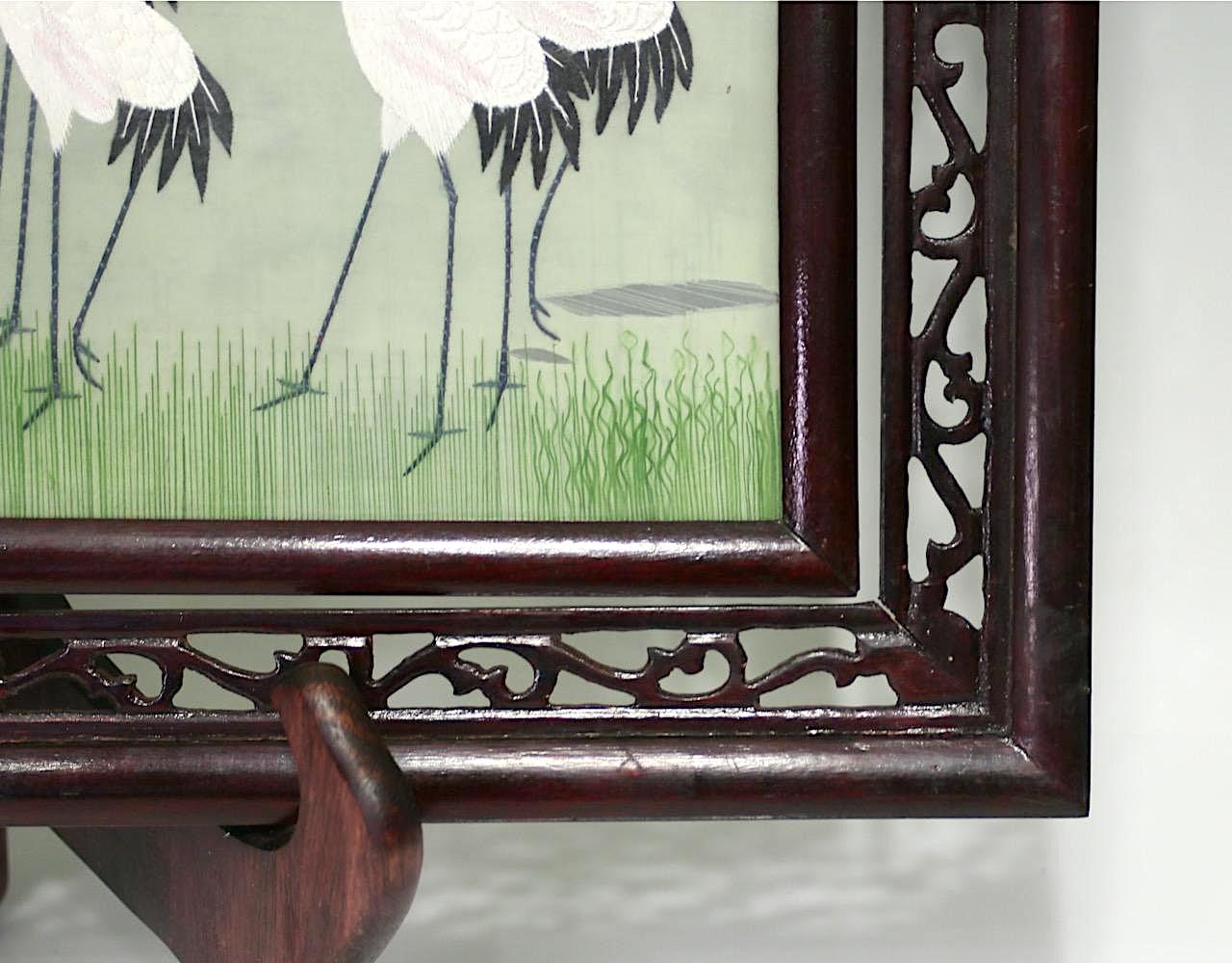 Red Crowned Cranes Under a Pine Trees, Rotating Chinese Republic Framed Silk Embroidery