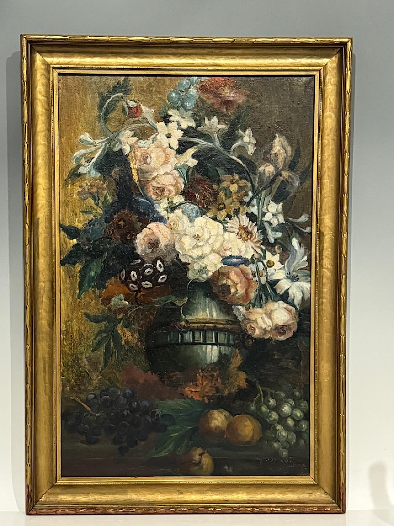 Antique 1920's Floral Oil on Canvas After Willem van Leen, Gold Leaf Frame