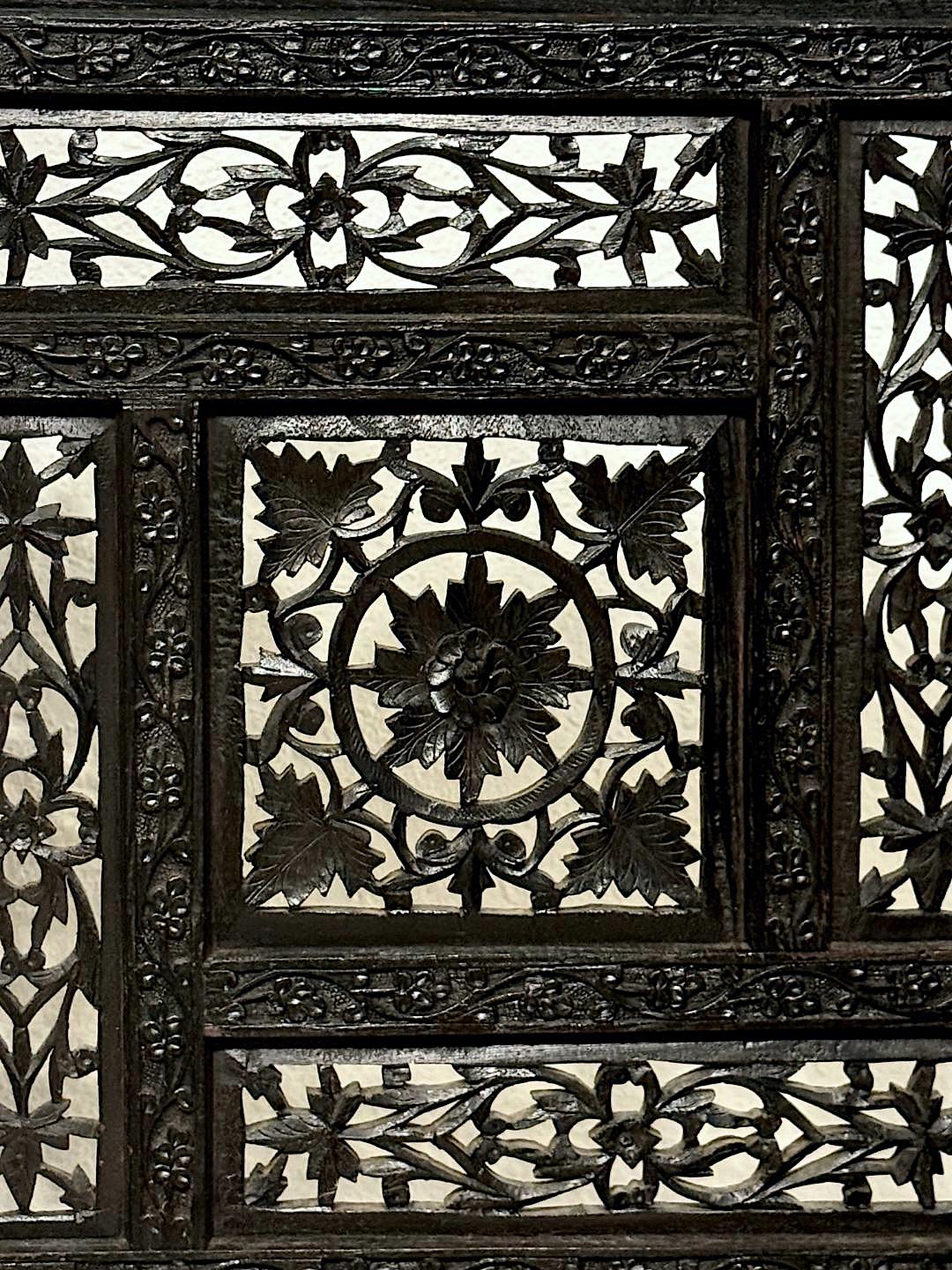 Antique Intricately Carved Openwork 4-Panel Ebony Black Oak Floor Screen with Vines, Leaves and Grapes