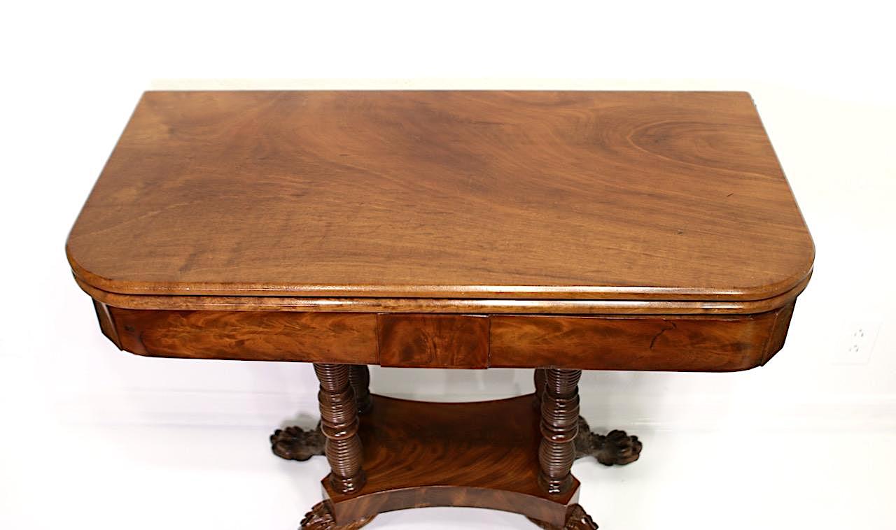 American Empire Figured Mahogany Antique Games or Console Table With Hairy Paw Feet, C 1825