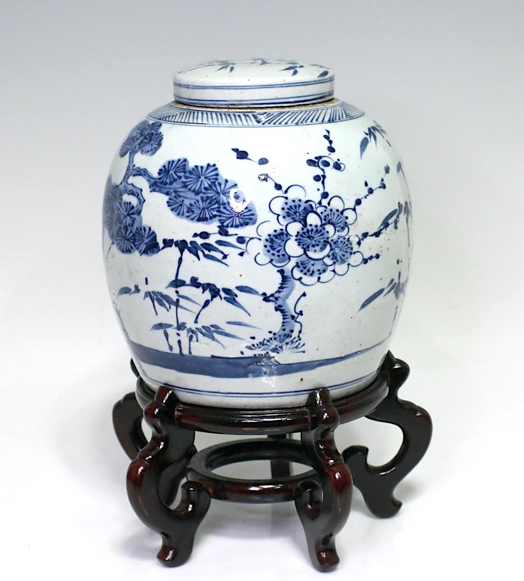 Antique Chinese Blue & White Porcelain Ginger Jar with Pine & Bamboo, on Wood Stand