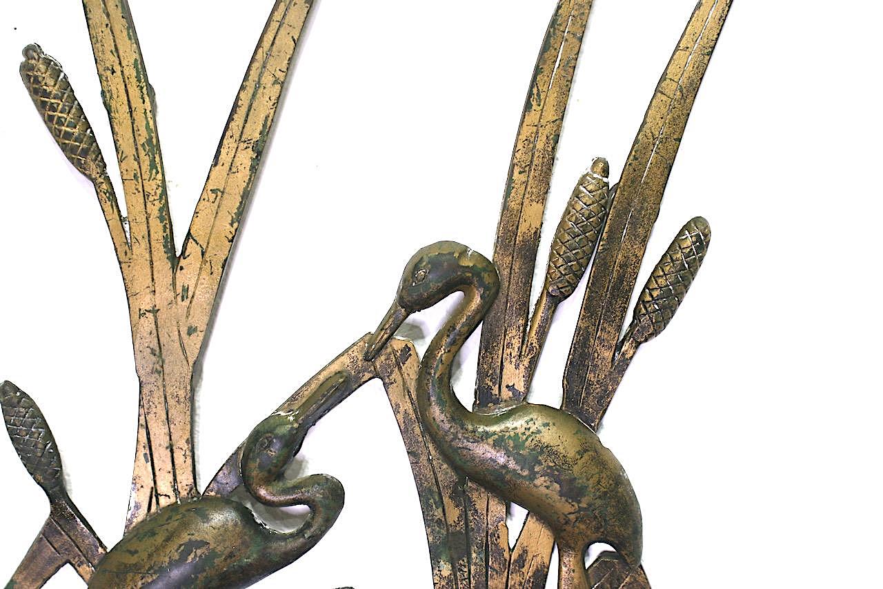 Antique Bronze Wall Sculpture in Prairie School Design - Pair of Cranes Amongst Cattails