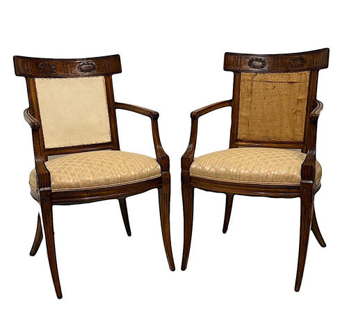 Antique Early French Directoire Carved Fruitwood Upholstered Arm Chairs, a Pair