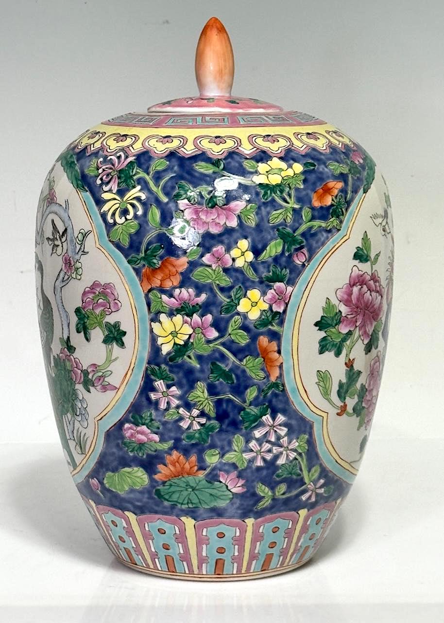 Vintage Chinese Peranakan Porcelain Ginger Jar with Exotic Birds and Colourful Flowers, Qianlong Dynasty Mark