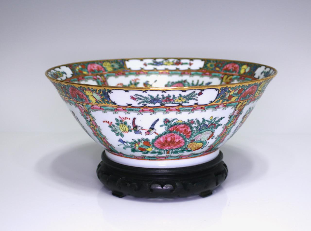 Large Rose Canton Chinese Porcelain Bowl on Rosewood Stand, Mid 20th. Century