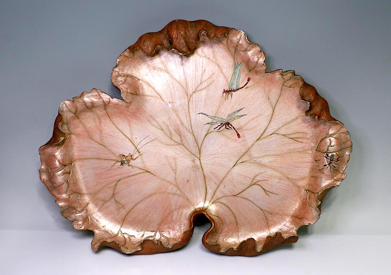 Large Italian Naturalistic Carved & Polychromed Wooden Leaf-Form Centerpiece Tray with Dragonflies and Insects