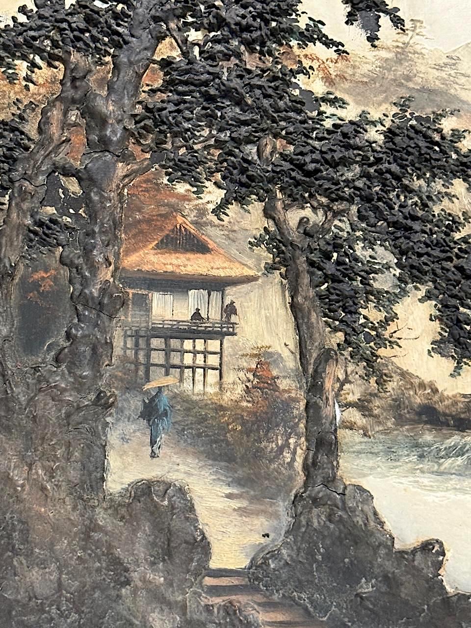 Rare Antique 19th. Century Edo Japanese Framed Lake and Landscape Signed Oil Paintings on Board, a Pair