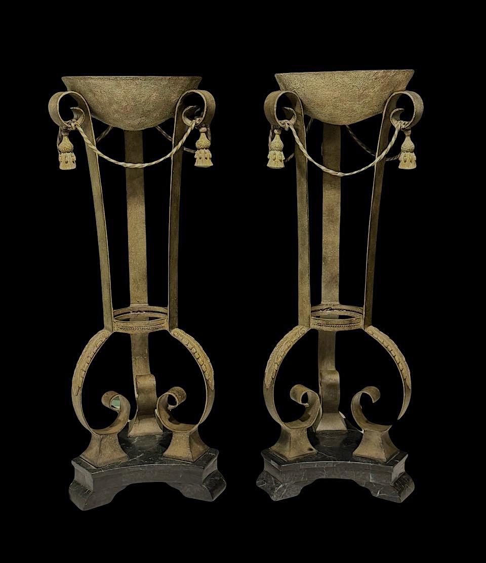 Hollywood Regency Bronzed Wrought Iron & Marble Pedestals Fern/Display Stands, a Pair