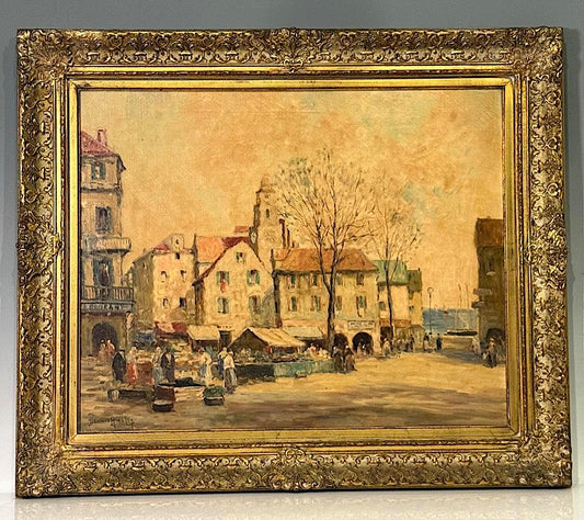 Brittany Market Place, France, Original Antique Oil on Canvas by American Listed Artist Dennis Ainsley