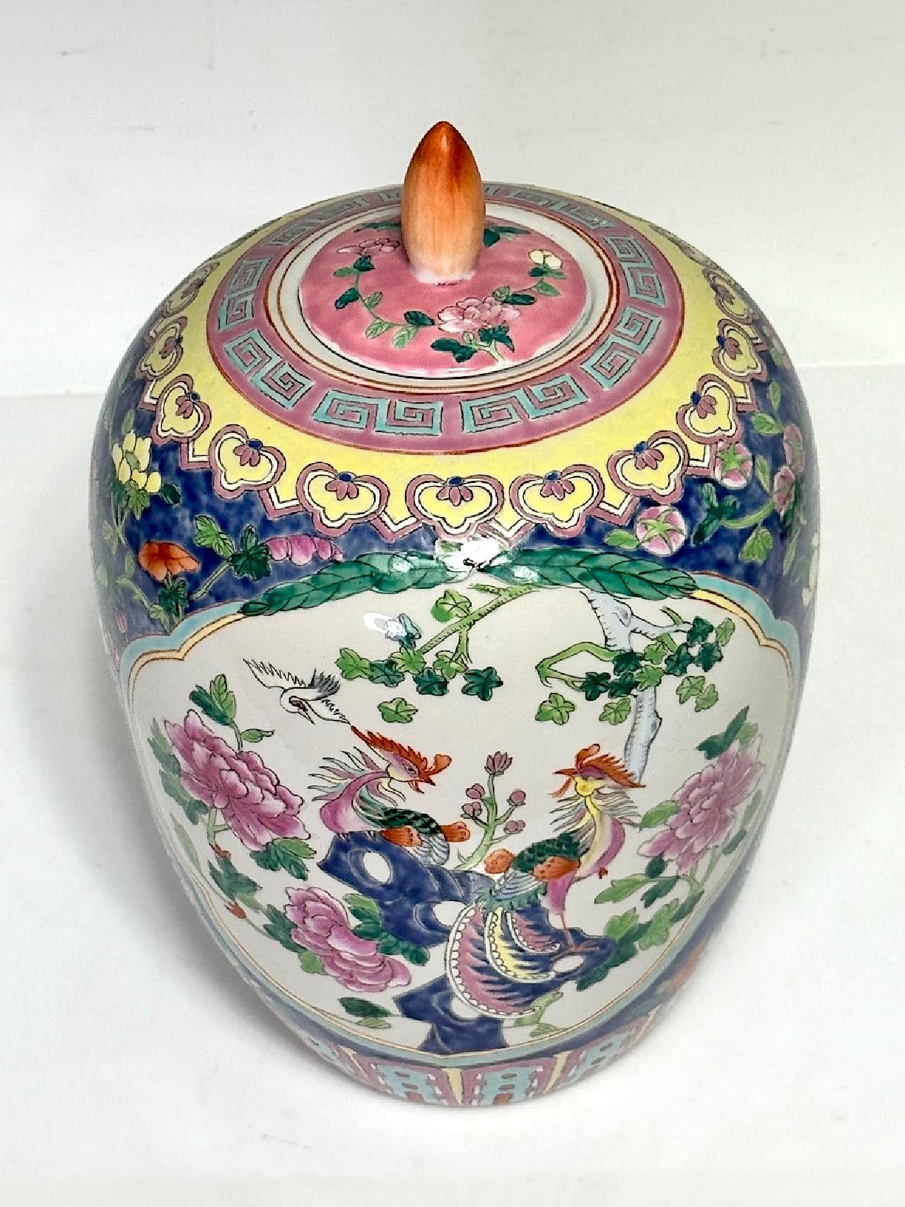 Vintage Chinese Peranakan Porcelain Ginger Jar with Exotic Birds and Colourful Flowers, Qianlong Dynasty Mark