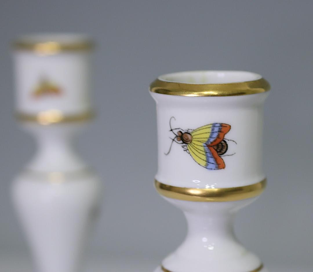 Herend Rothschild Hand Painted White Porcelain Candlesticks With Garden Birds and Butterflies, a Pair