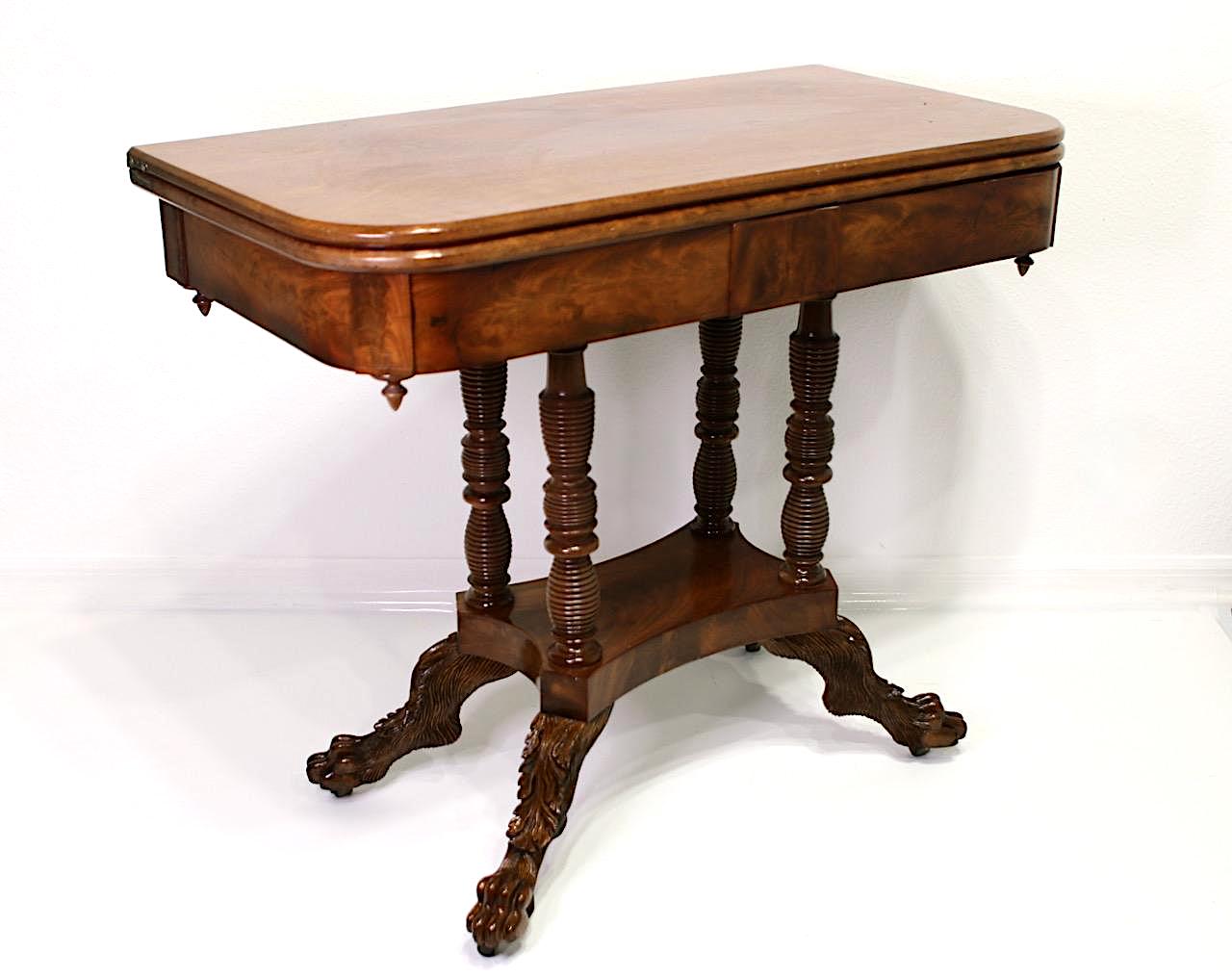 American Empire Figured Mahogany Antique Games or Console Table With Hairy Paw Feet, C 1825