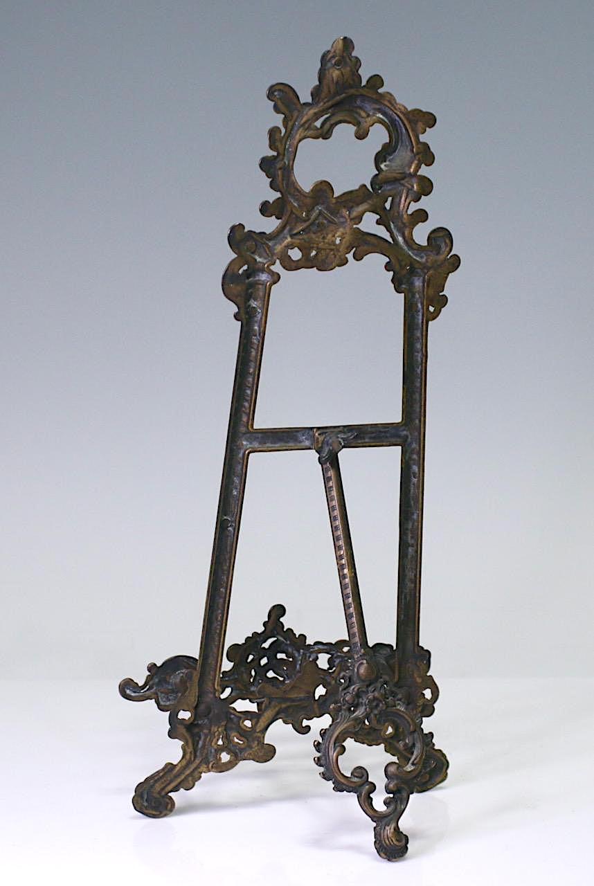 Large Antique Cast Bronze Rococo Revival Portrait Easel with Flowers and Scrolls