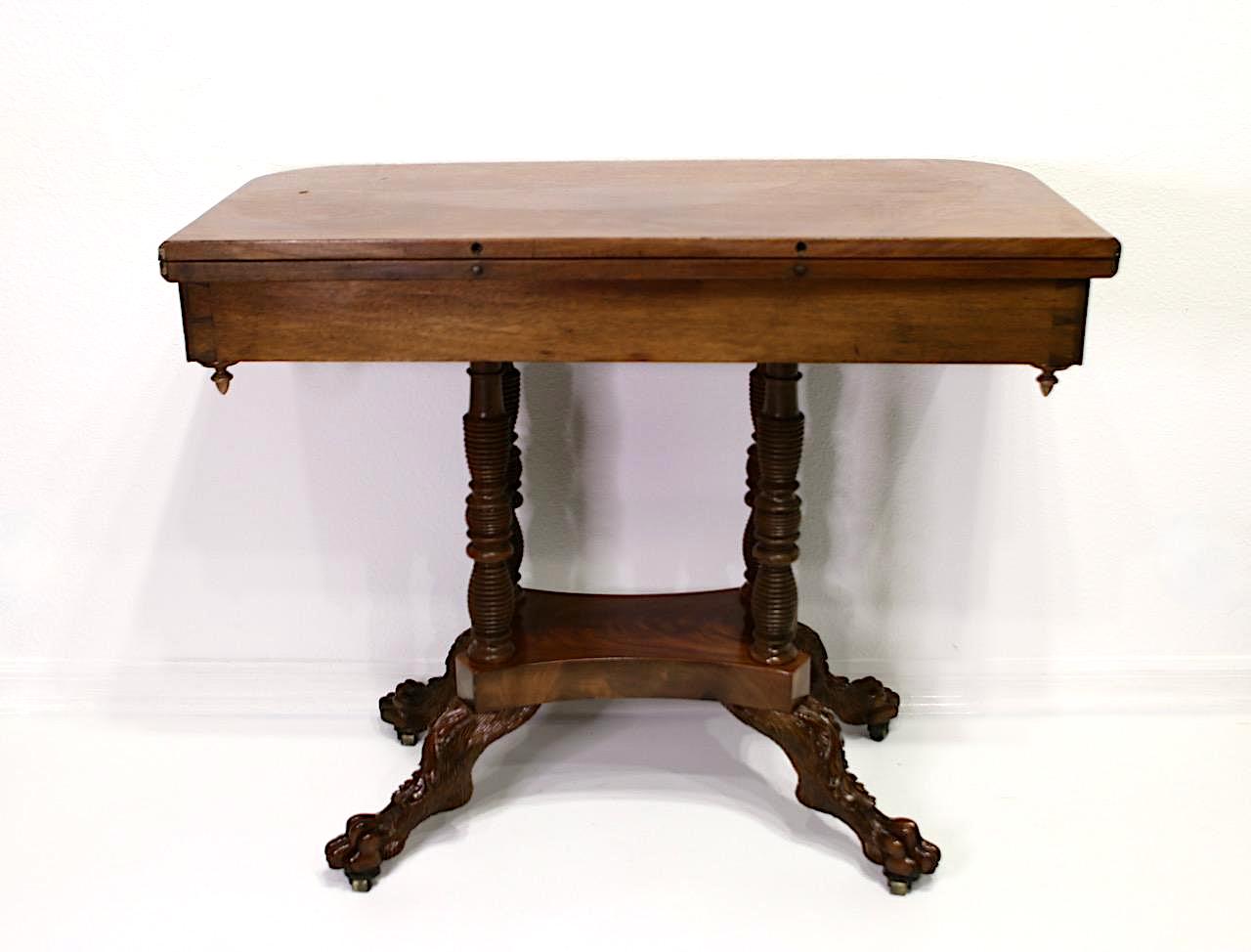 American Empire Figured Mahogany Antique Games or Console Table With Hairy Paw Feet, C 1825