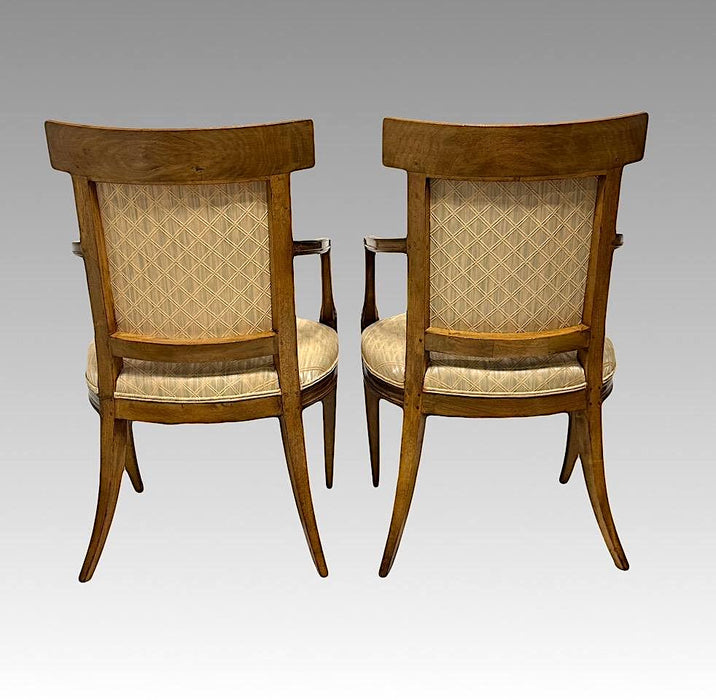 Antique Early French Directoire Carved Fruitwood Upholstered Arm Chairs, a Pair