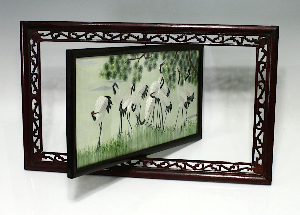 Red Crowned Cranes Under a Pine Trees, Rotating Chinese Republic Framed Silk Embroidery