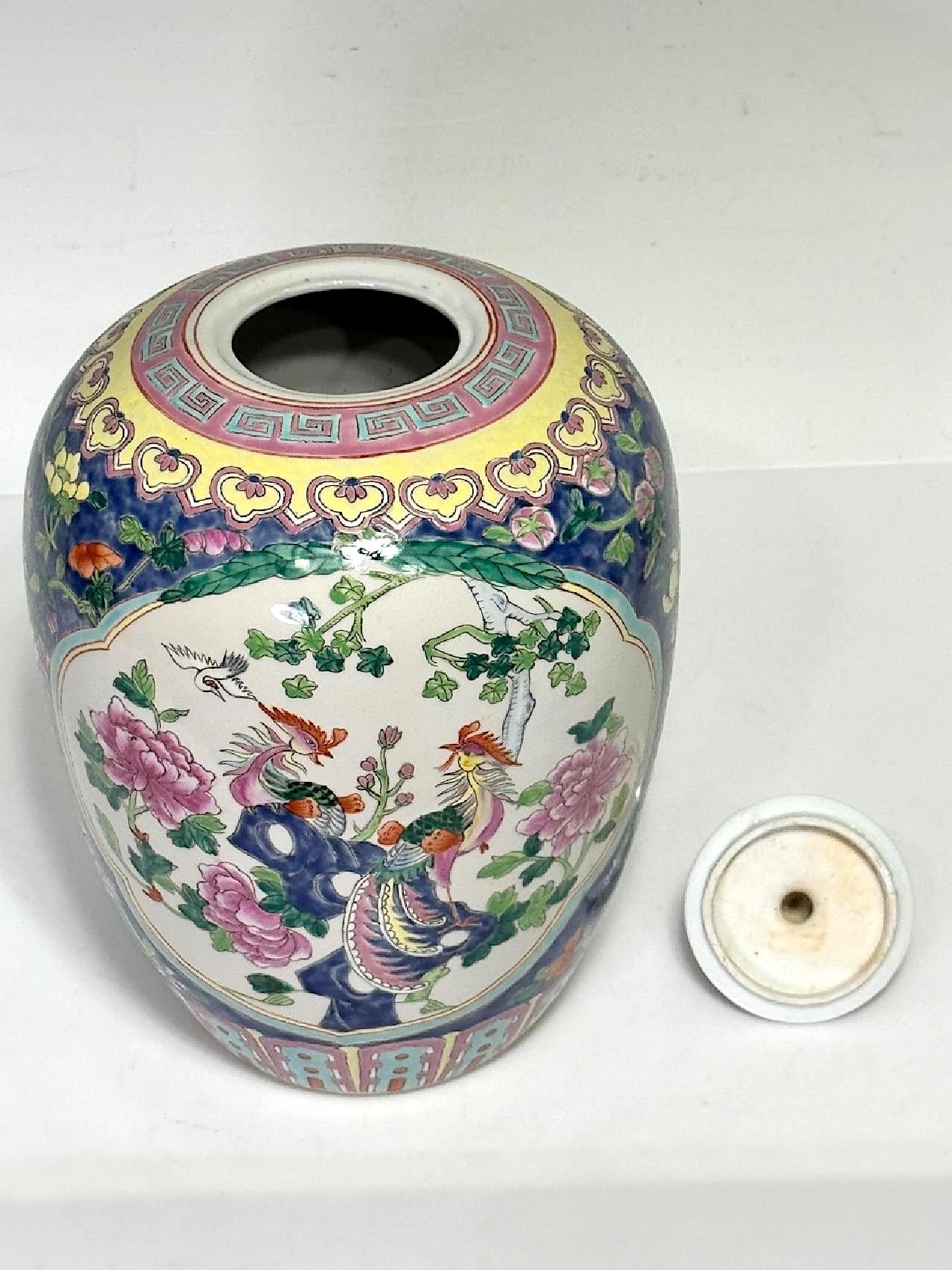 Vintage Chinese Peranakan Porcelain Ginger Jar with Exotic Birds and Colourful Flowers, Qianlong Dynasty Mark