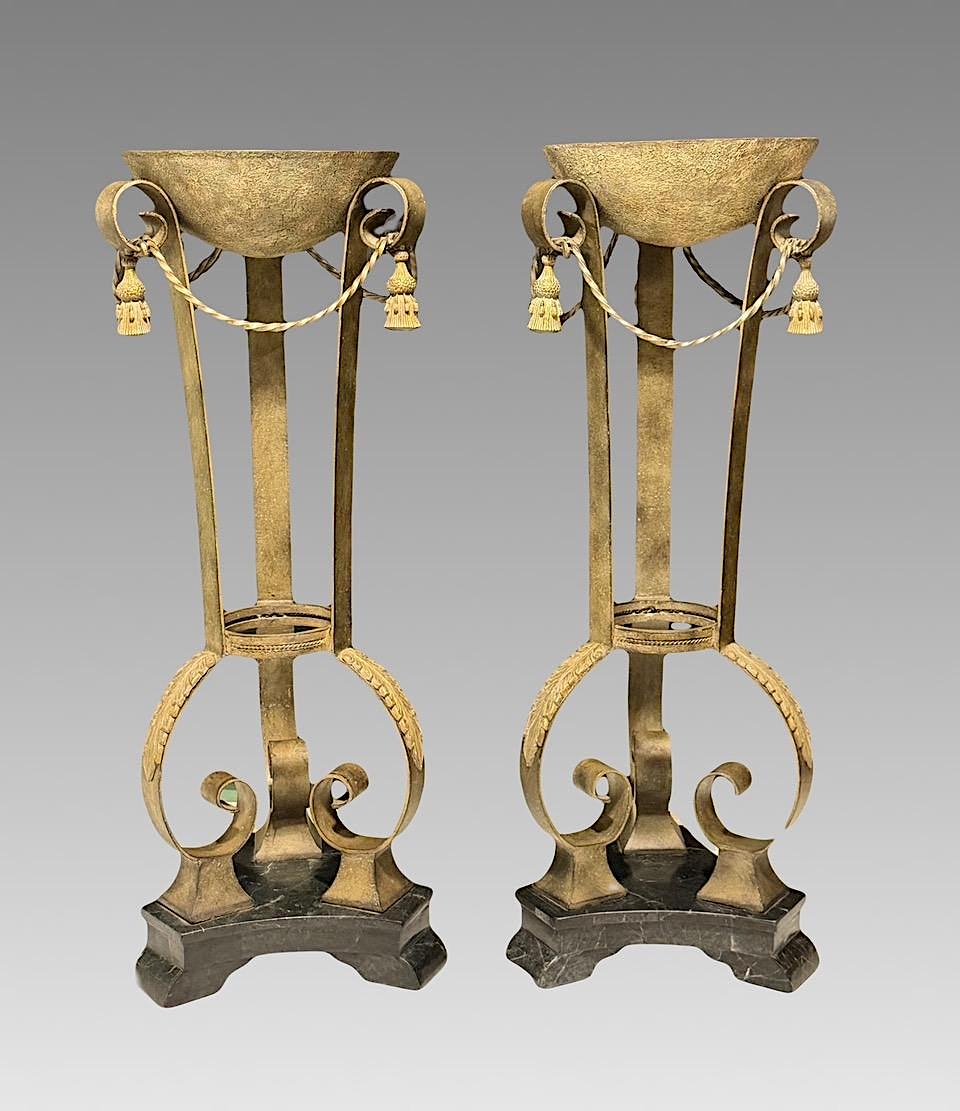 Hollywood Regency Bronzed Wrought Iron & Marble Pedestals Fern/Display Stands, a Pair