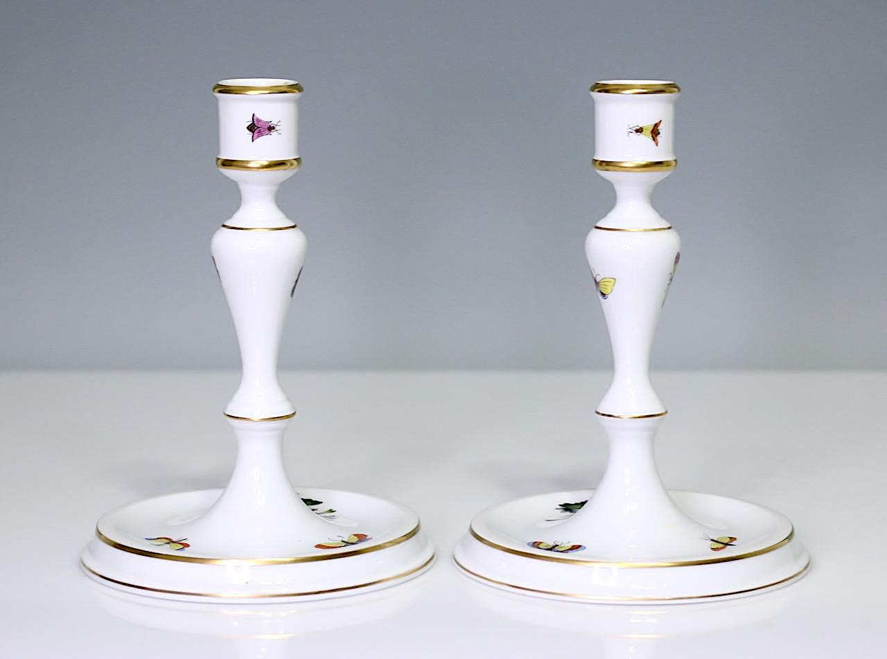 Herend Rothschild Hand Painted White Porcelain Candlesticks With Garden Birds and Butterflies, a Pair