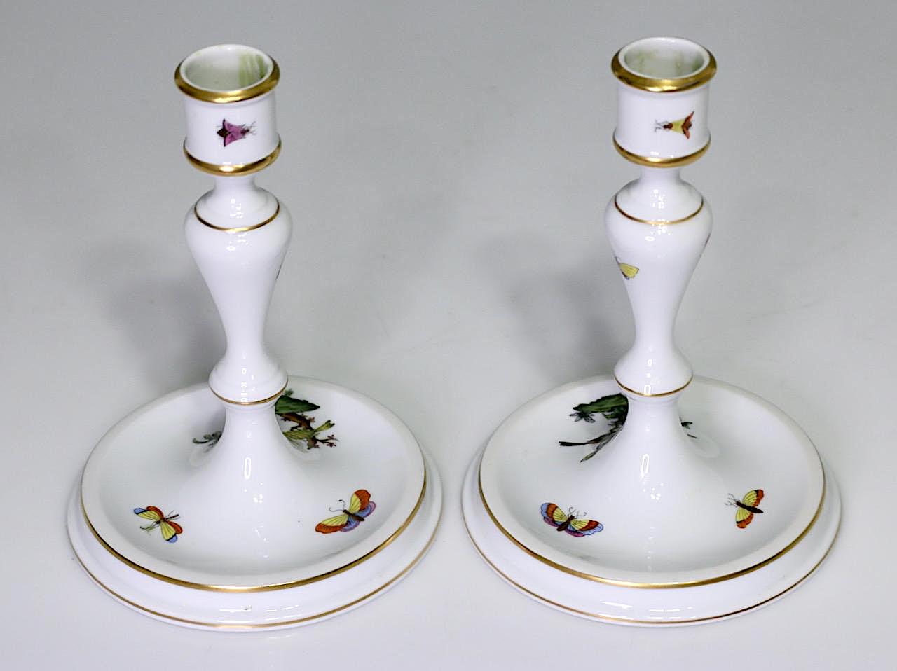 Herend Rothschild Hand Painted White Porcelain Candlesticks With Garden Birds and Butterflies, a Pair