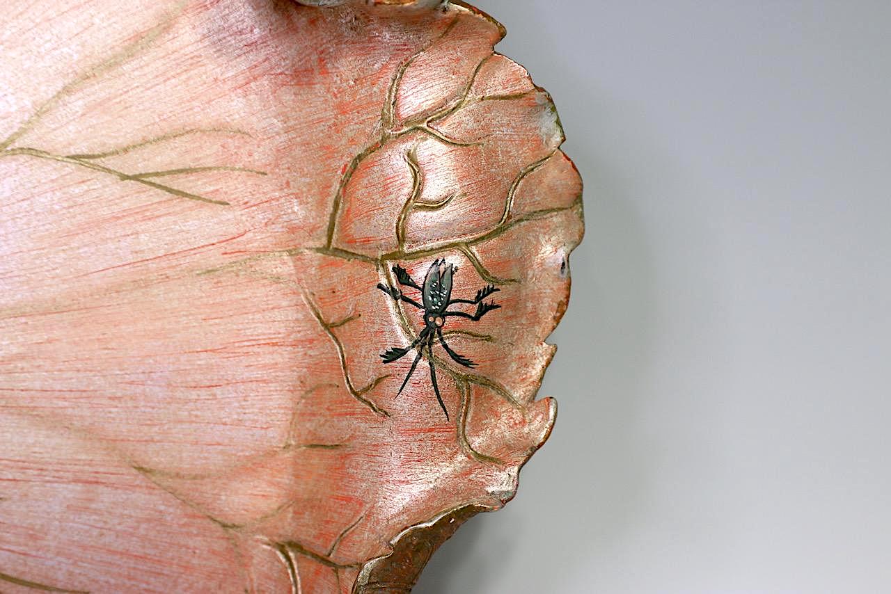 Large Italian Naturalistic Carved & Polychromed Wooden Leaf-Form Centerpiece Tray with Dragonflies and Insects