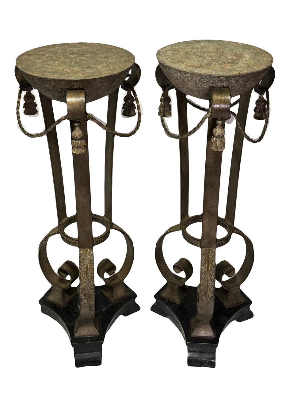 Hollywood Regency Bronzed Wrought Iron & Marble Pedestals Fern/Display Stands, a Pair