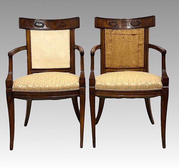 Antique Early French Directoire Carved Fruitwood Upholstered Arm Chairs, a Pair