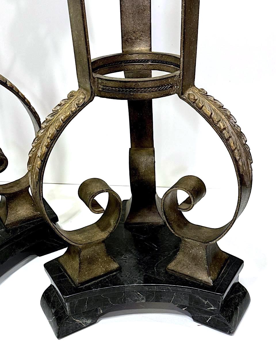 Hollywood Regency Bronzed Wrought Iron & Marble Pedestals Fern/Display Stands, a Pair