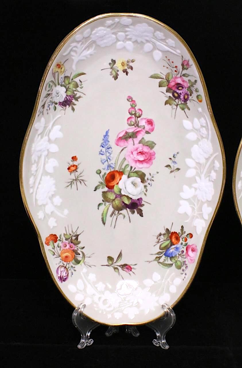 Antique Hand Painted Spode White Porcelain Platters with English Hand Painted Wild Flowers